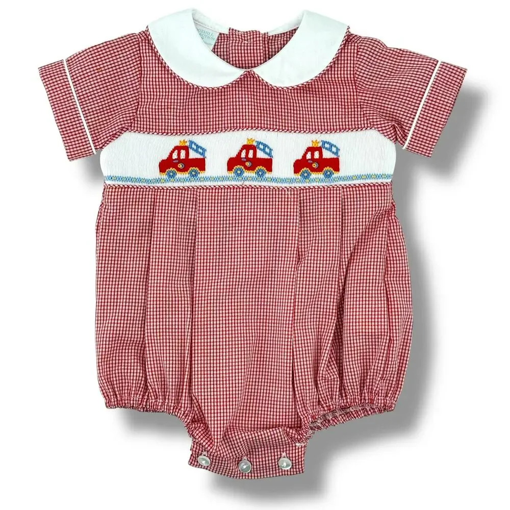 Edgehill Collection Gingham Firetruck Smocked Bubble Romper Baby Boys Sz 6 Mos